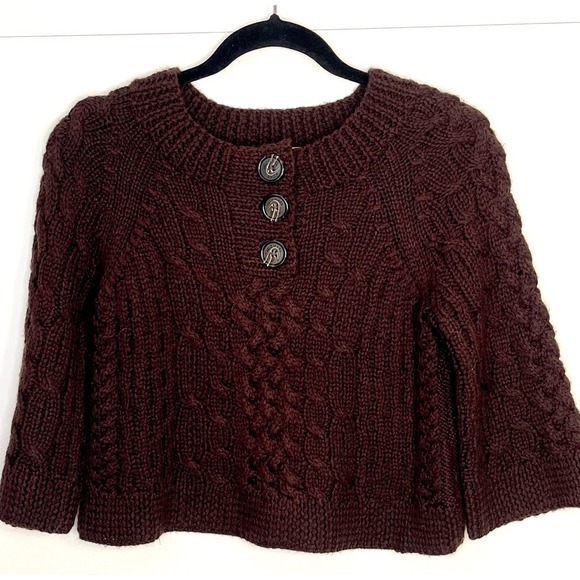 Michael Kors Women's Wool Sweater Size P Crop Chunky Knit Brown 1/2 Sleeve Y2K - Picture 1 of 11